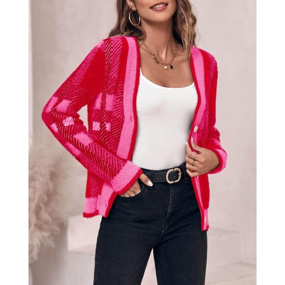 Women's Plaid Knit Cardigan Small Cozy V Neck Button Long Sleeve Fall - Picture 5 of 5